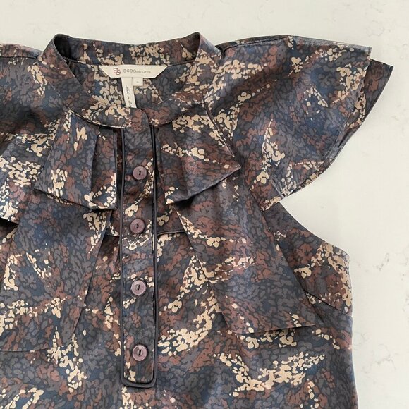 BCBGeneration Cap Sleeve Mandarin Collar Polyester Print Top Navy Cream Sz 4 - Picture 5 of 11